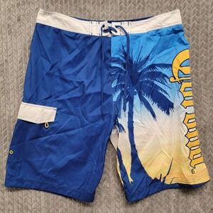 Corona Extra Board Shorts Mens Size 38 Swim‎ Trunks Blue Yellow Palm Tree